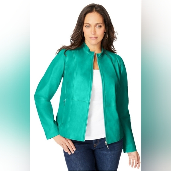 Jessica London Women's Teal Leather Long Sleeve Two Way Zipper Jacket Size 14 - Picture 14 of 14